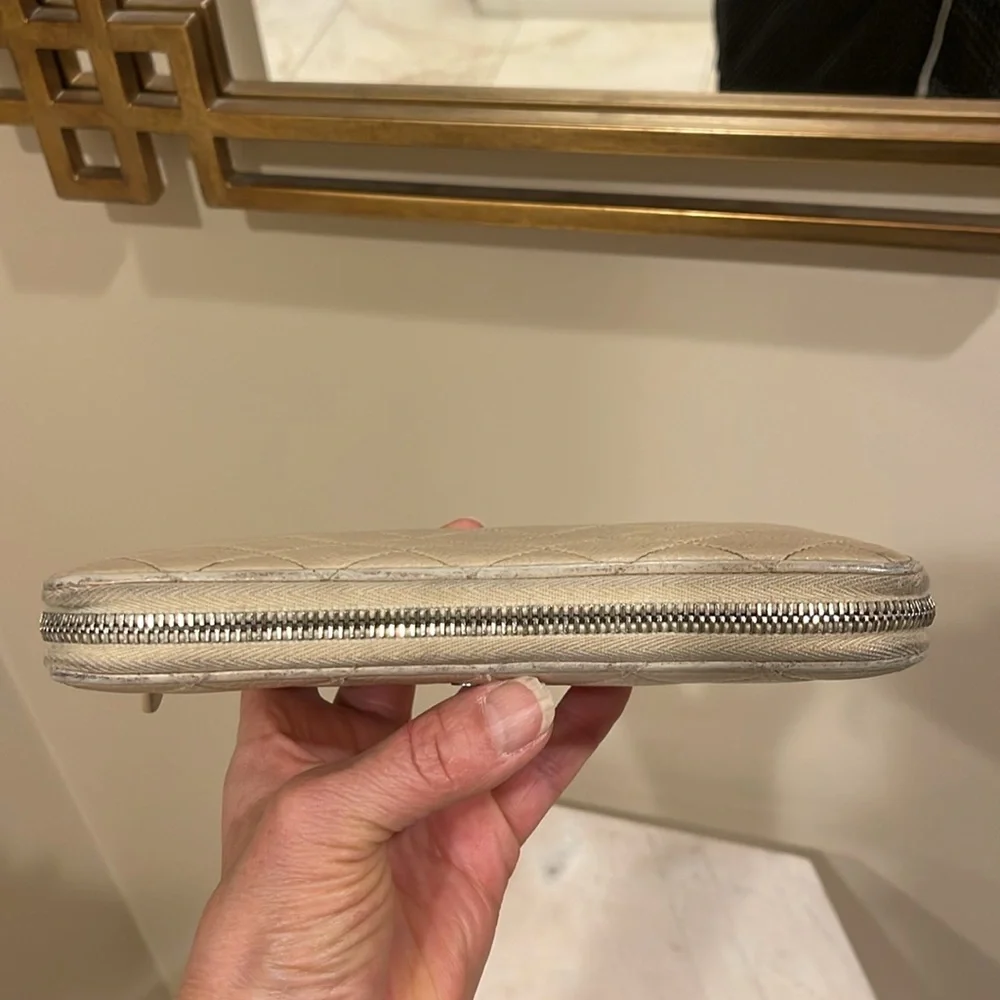 Chanel beige quilted lambskin zip around wallet